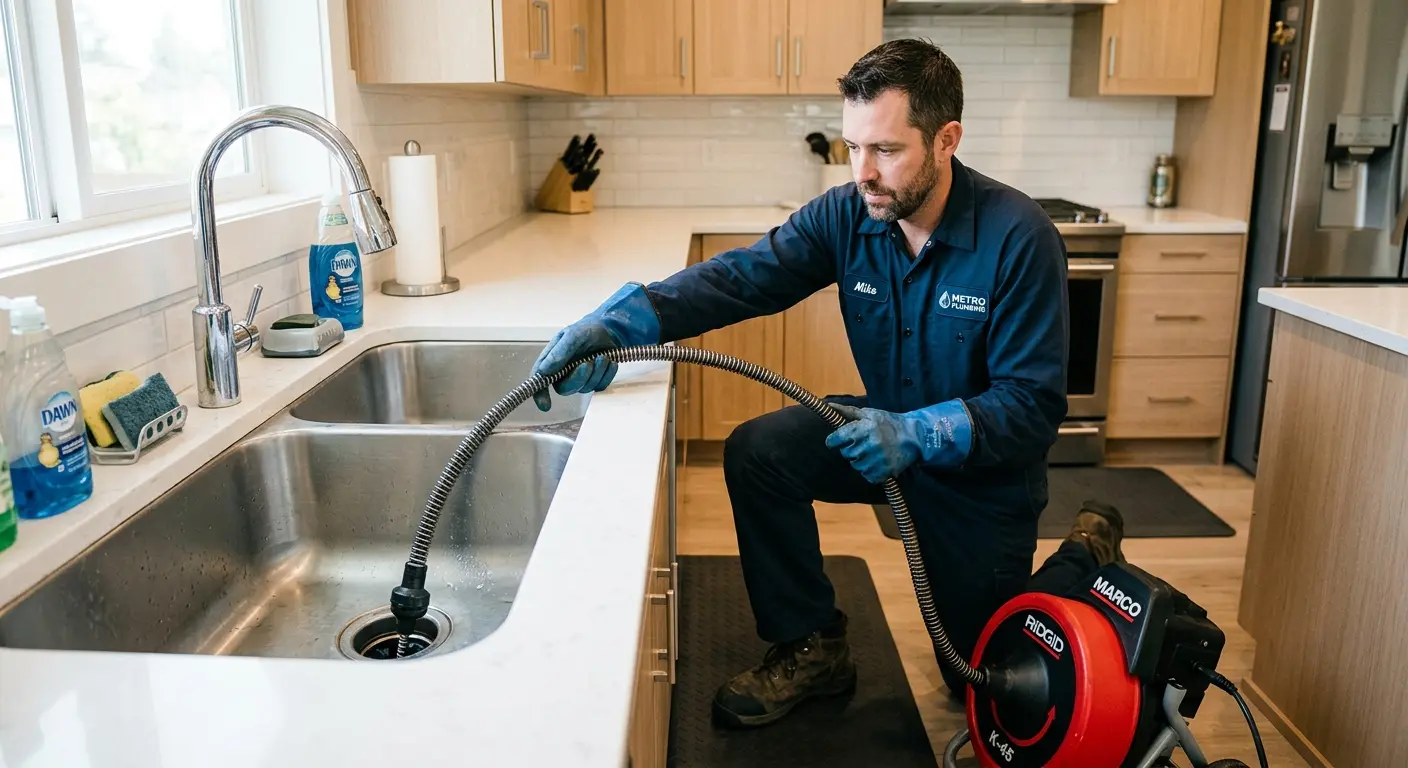 Drain cleaning technician using a motorized snake on a kitchen sink in Upper Makefield