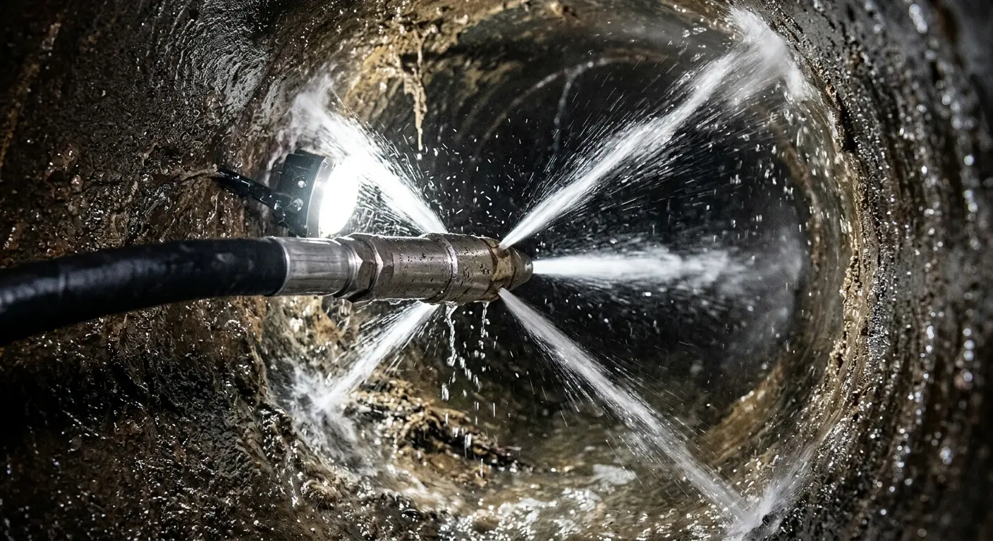 High-pressure hydro jetting nozzle cleaning sewer pipe for Storm Drain Cleaning in Upper Makefield
