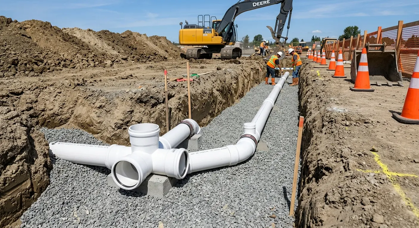 New PVC sewer pipe installation in open trench for Sewer Backup in Upper Makefield