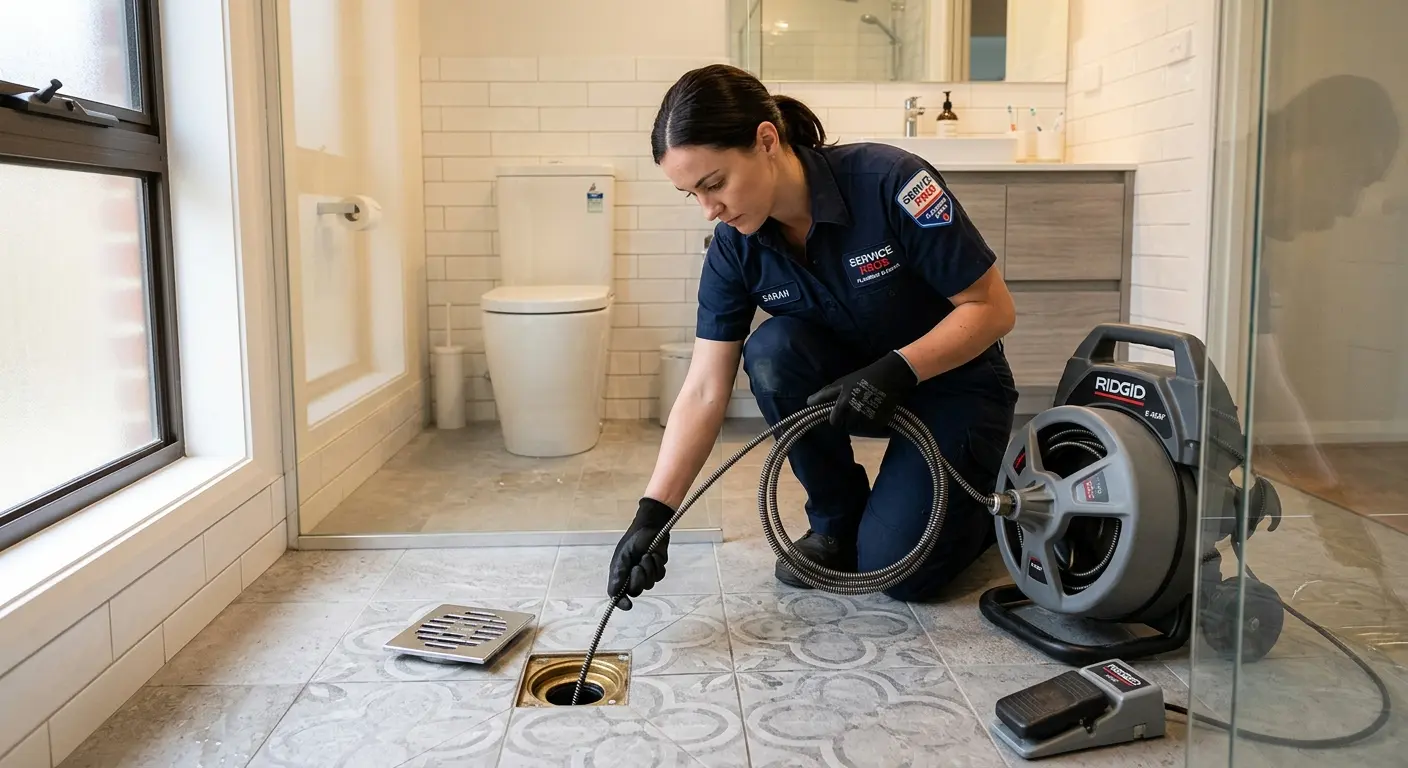 Technician clearing a bathroom floor drain for Sewer Line Replacement in Upper Makefield